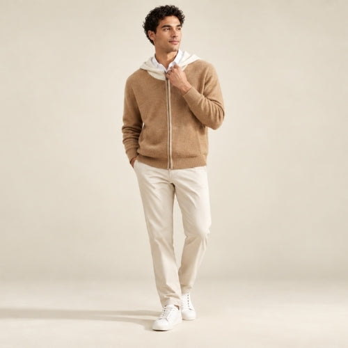 Thelian — Camel Contrast-Hood Zip Cashmere Cardigan | The Cashmere Studio