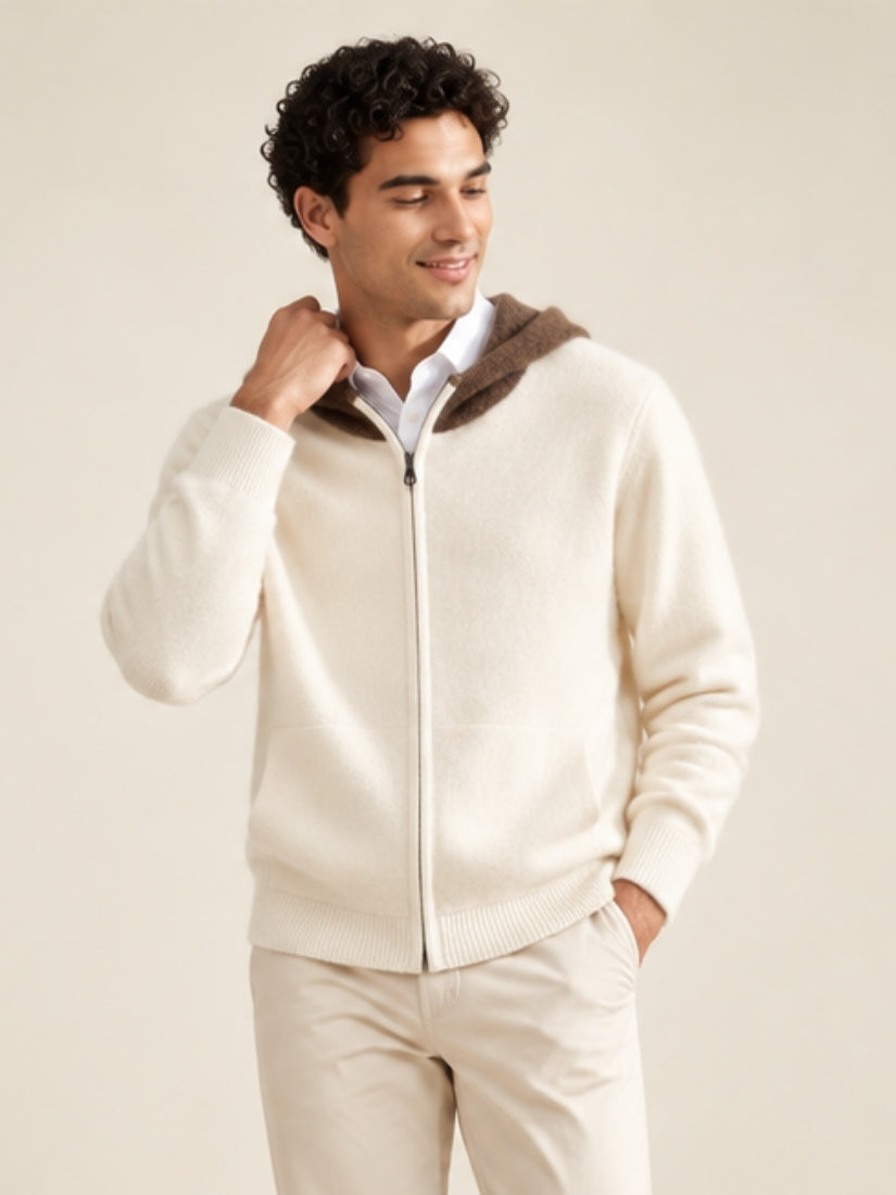 Thelian — Ivory Contrast-Hood Zip Cashmere Cardigan | The Cashmere Studio