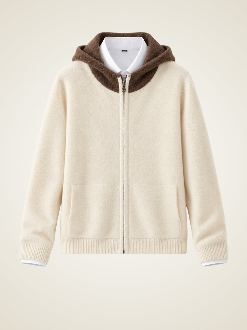 Thelian — Ivory Contrast-Hood Zip Cashmere Cardigan | The Cashmere Studio