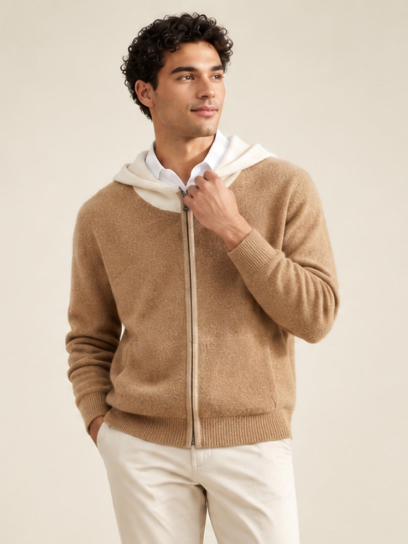 Thelian — Camel Contrast-Hood Zip Cashmere Cardigan | The Cashmere Studio