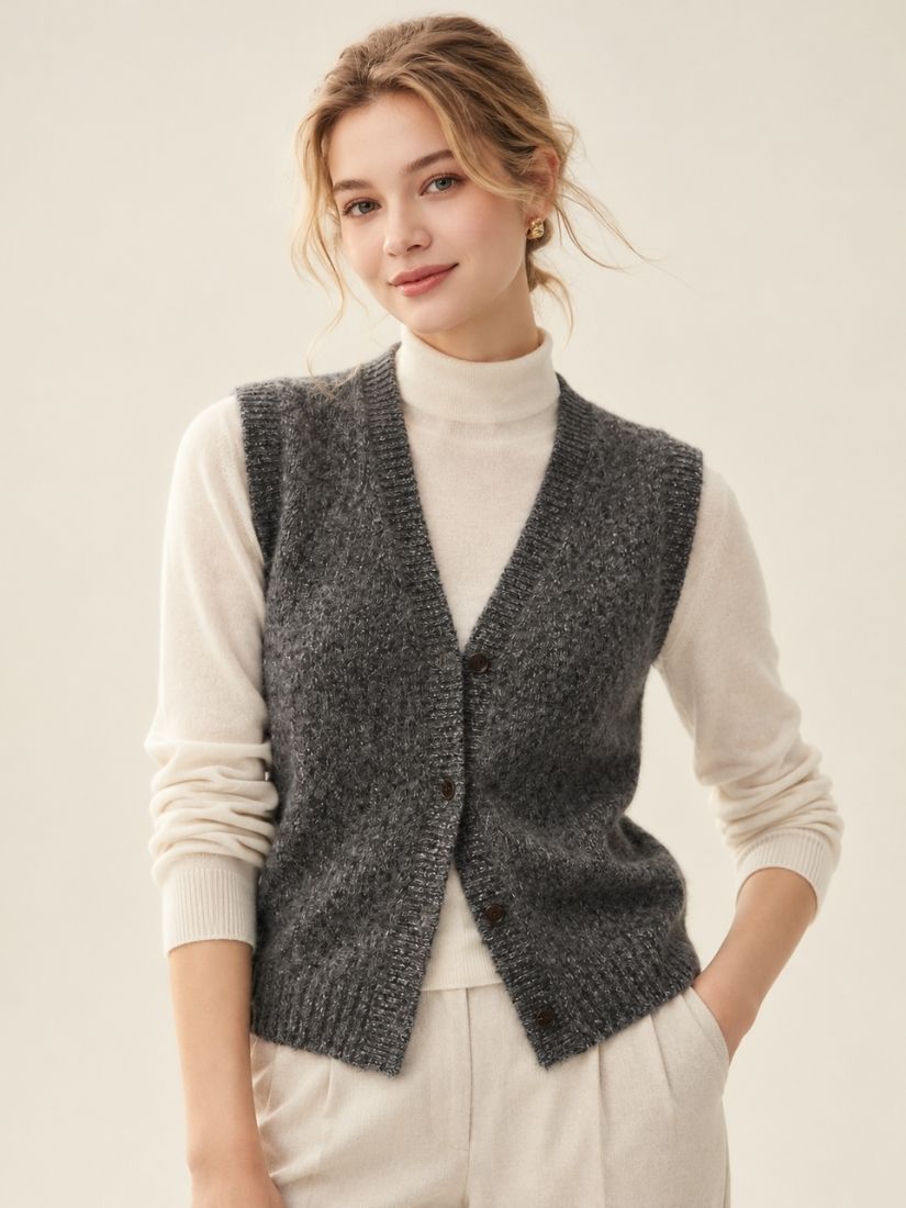 Venyra - Dark Gray V-Neck Cashmere Vest | The Cashmere Studio