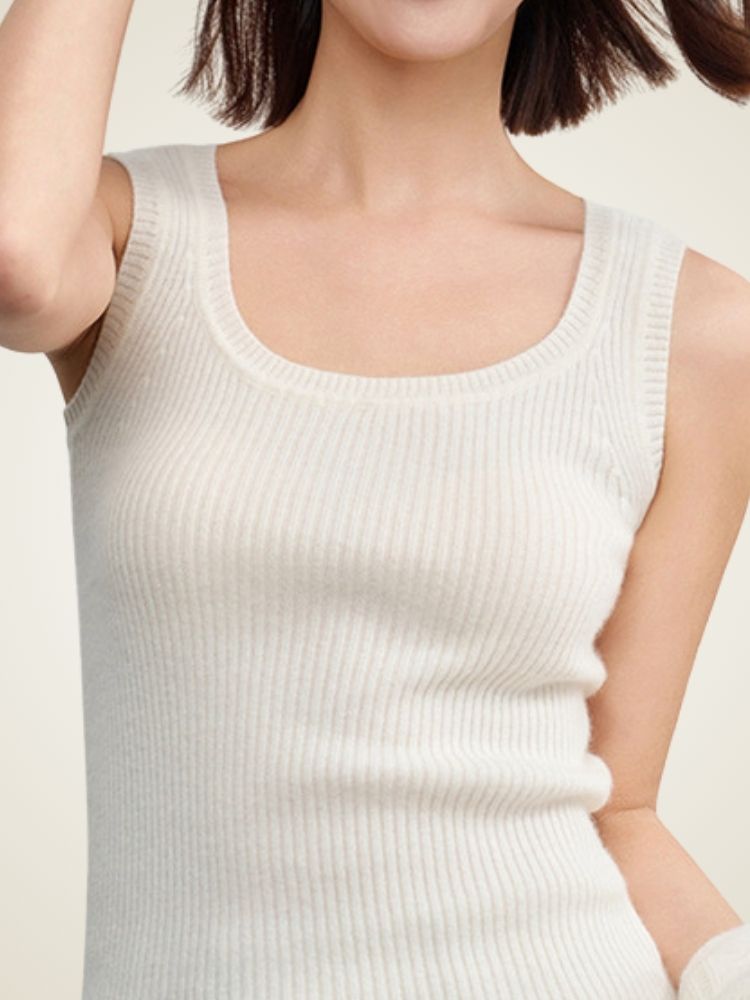 Emmalyn - White Ribbed Cashmere Tank Top | The Cashmere Studio