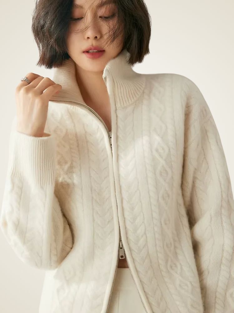 Willow - White Zip Cable Knit Cashmere Cardigan | The Cashmere Studio