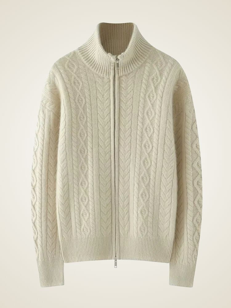 Willow - White Zip Cable Knit Cashmere Cardigan | The Cashmere Studio