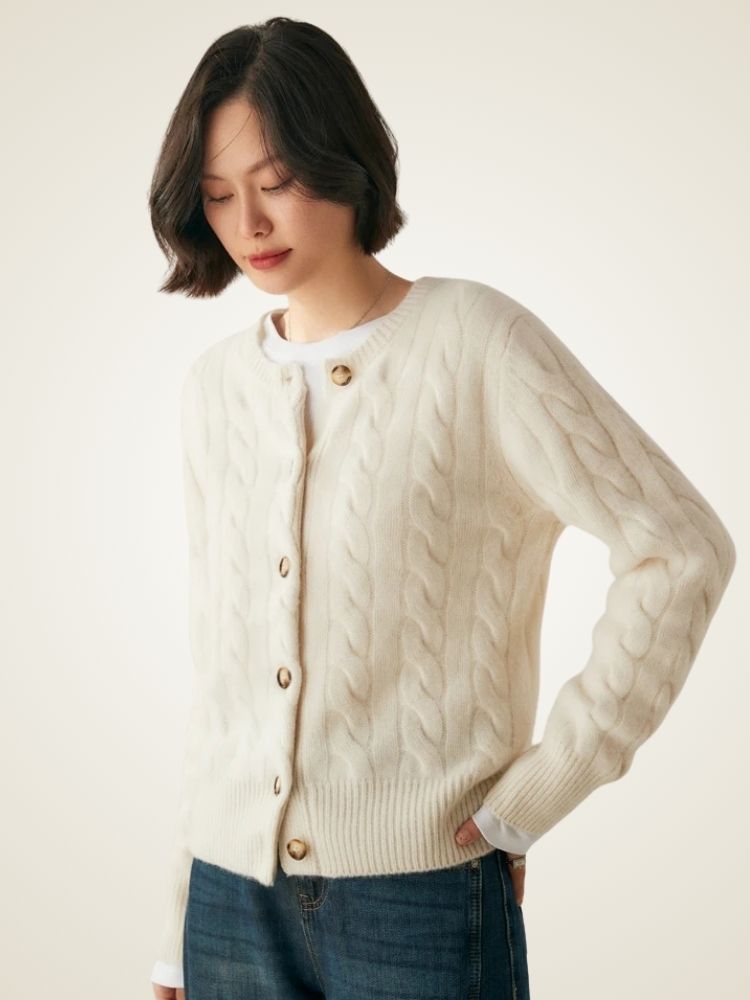 Faith - White Cable Knit Cashmere Cardigan | The Cashmere Studio