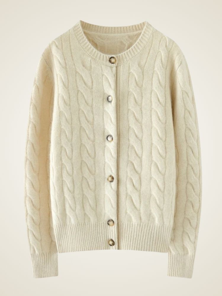 Faith - White Cable Knit Cashmere Cardigan | The Cashmere Studio