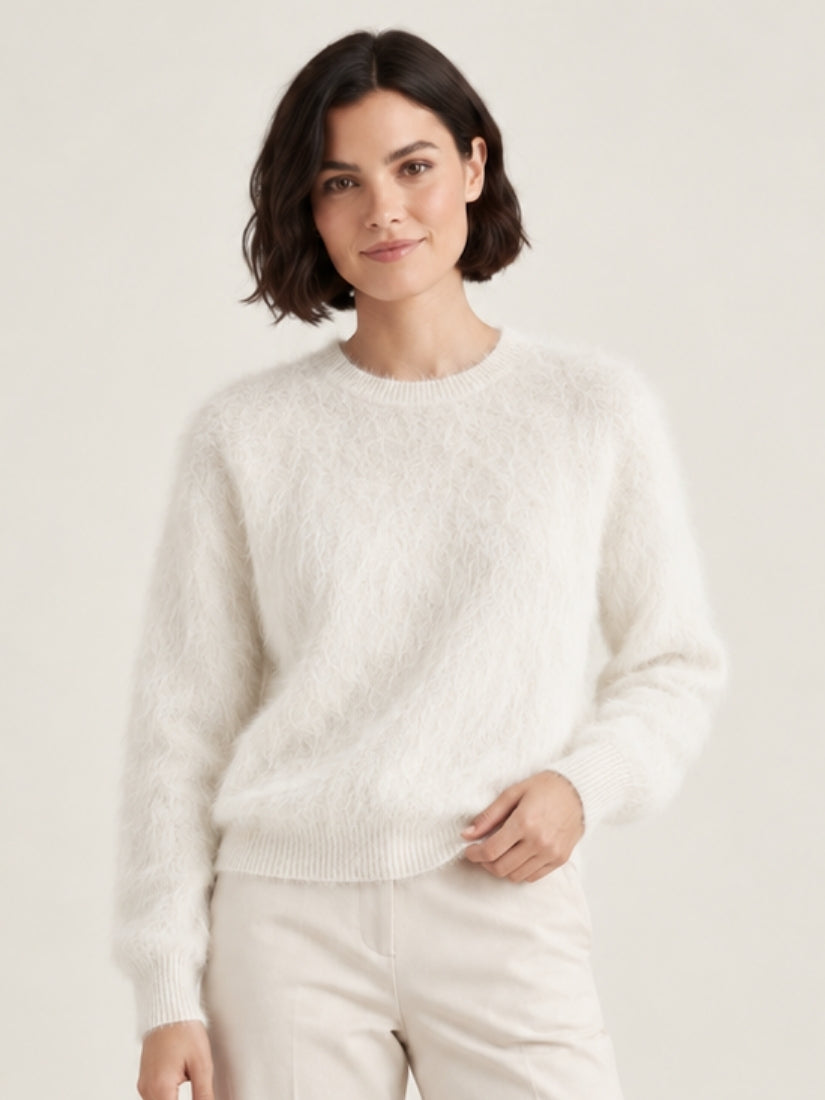 Zelira — Ivory Brushed Crewneck Cashmere Sweater | The Cashmere Studio